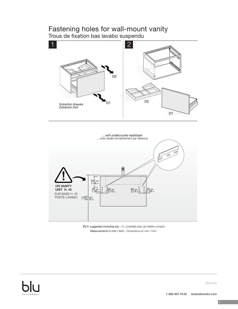 Fastening holes for wall-mount vanity, Trous de fixation bas lavabo suspendu | Blu Bathworks BCZ615C User Manual | Page 3 / 13