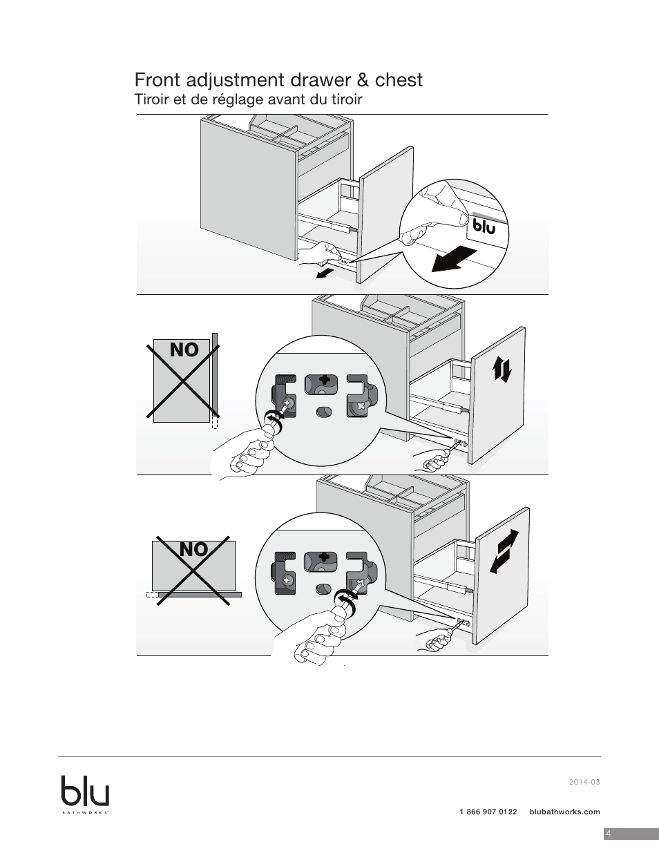 No front adjustment drawer & chest, Tiroir et de réglage avant du tiroir | Blu Bathworks BCZ615C User Manual | Page 5 / 13