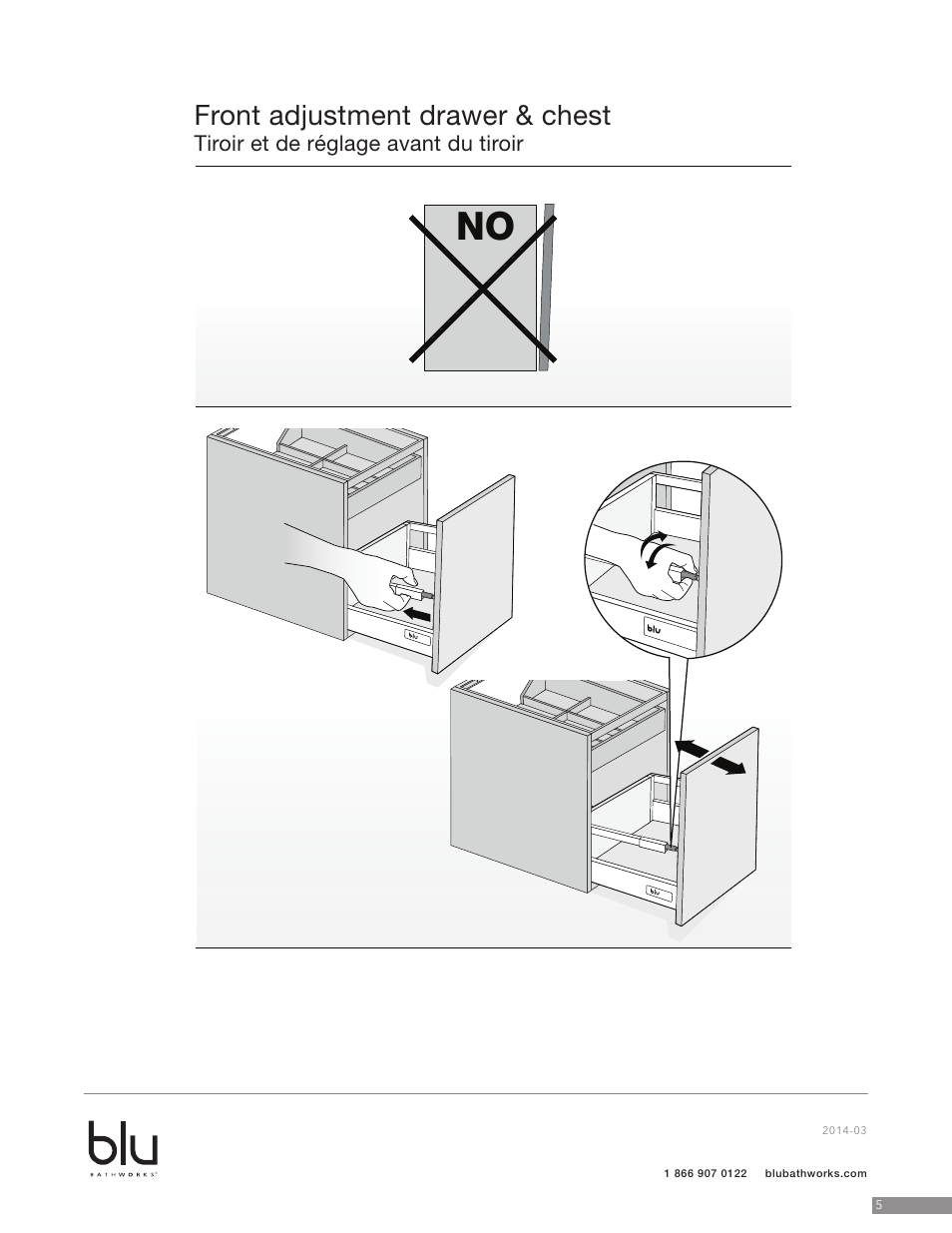 No front adjustment drawer & chest, Tiroir et de réglage avant du tiroir | Blu Bathworks BCZ615C User Manual | Page 6 / 13