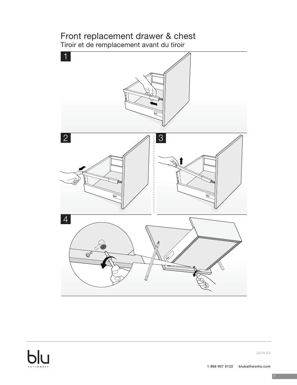 Touch, Front replacement drawer & chest, Tiroir et de remplacement avant du tiroir | Blu Bathworks BCZ615C User Manual | Page 8 / 13