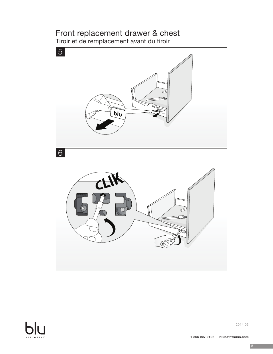 Front replacement drawer & chest, Tiroir et de remplacement avant du tiroir | Blu Bathworks BCZ615C User Manual | Page 9 / 13