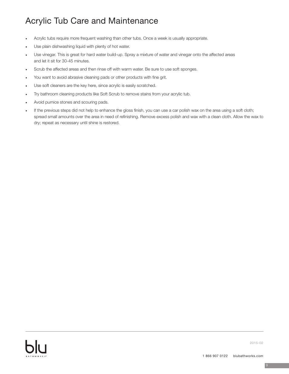 Acrylic tub care and maintenance | Blu Bathworks BT8001 User Manual | Page 10 / 10