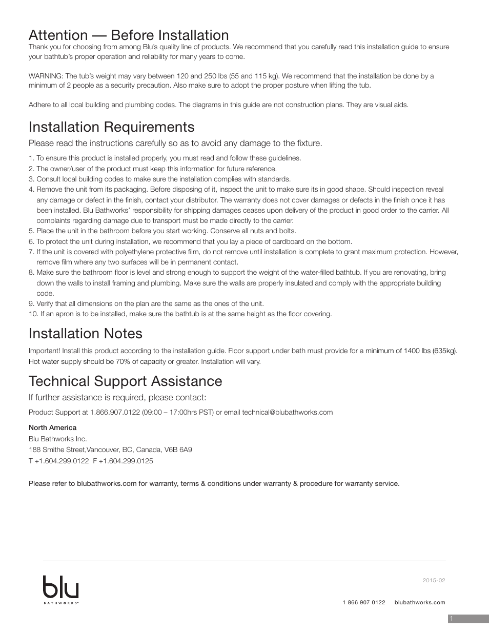Attention — before installation, Installation requirements, Technical support assistance | Blu Bathworks BT8001 User Manual | Page 2 / 10