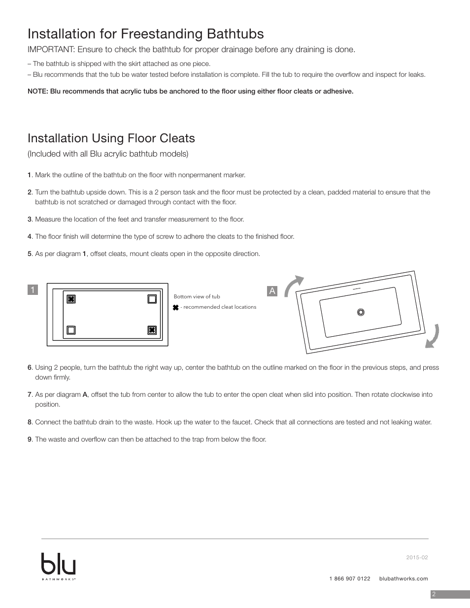 Installation for freestanding bathtubs, Installation using floor cleats | Blu Bathworks BT8001 User Manual | Page 3 / 10