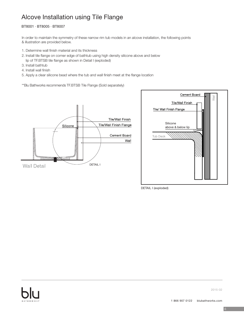 Alcove installation using tile flange | Blu Bathworks BT8001 User Manual | Page 7 / 10