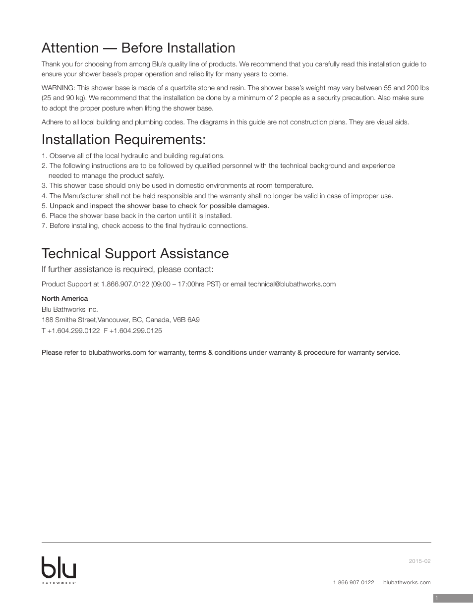 Attention — before installation, Installation requirements, Technical support assistance | Blu Bathworks SB8080 User Manual | Page 2 / 10