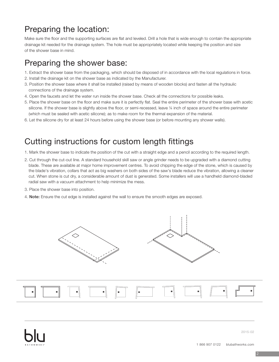 Preparing the location, Preparing the shower base, Cutting instructions for custom length fittings | Blu Bathworks SB8080 User Manual | Page 3 / 10