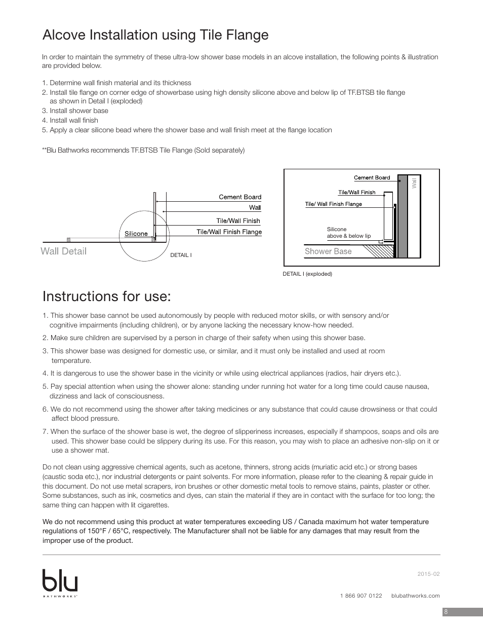 Alcove installation using tile flange, Instructions for use | Blu Bathworks SB8080 User Manual | Page 9 / 10