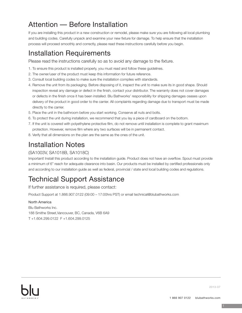 Attention — before installation, Installation requirements, Technical support assistance | Blu Bathworks SA1003V User Manual | Page 2 / 4