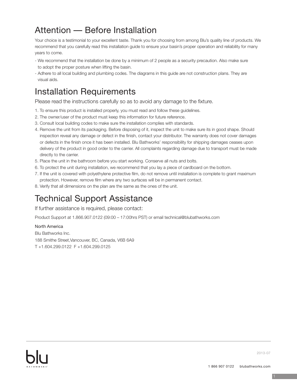 Attention — before installation, Installation requirements, Technical support assistance | Blu Bathworks SA3006 User Manual | Page 2 / 5