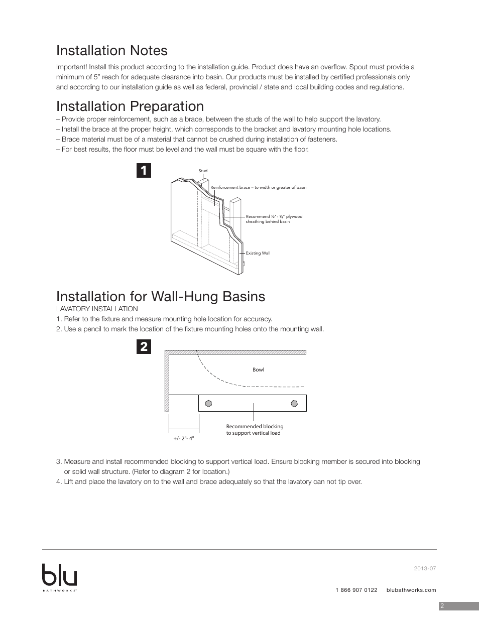 Installation preparation, Installation for wall-hung basins | Blu Bathworks SA3006 User Manual | Page 3 / 5