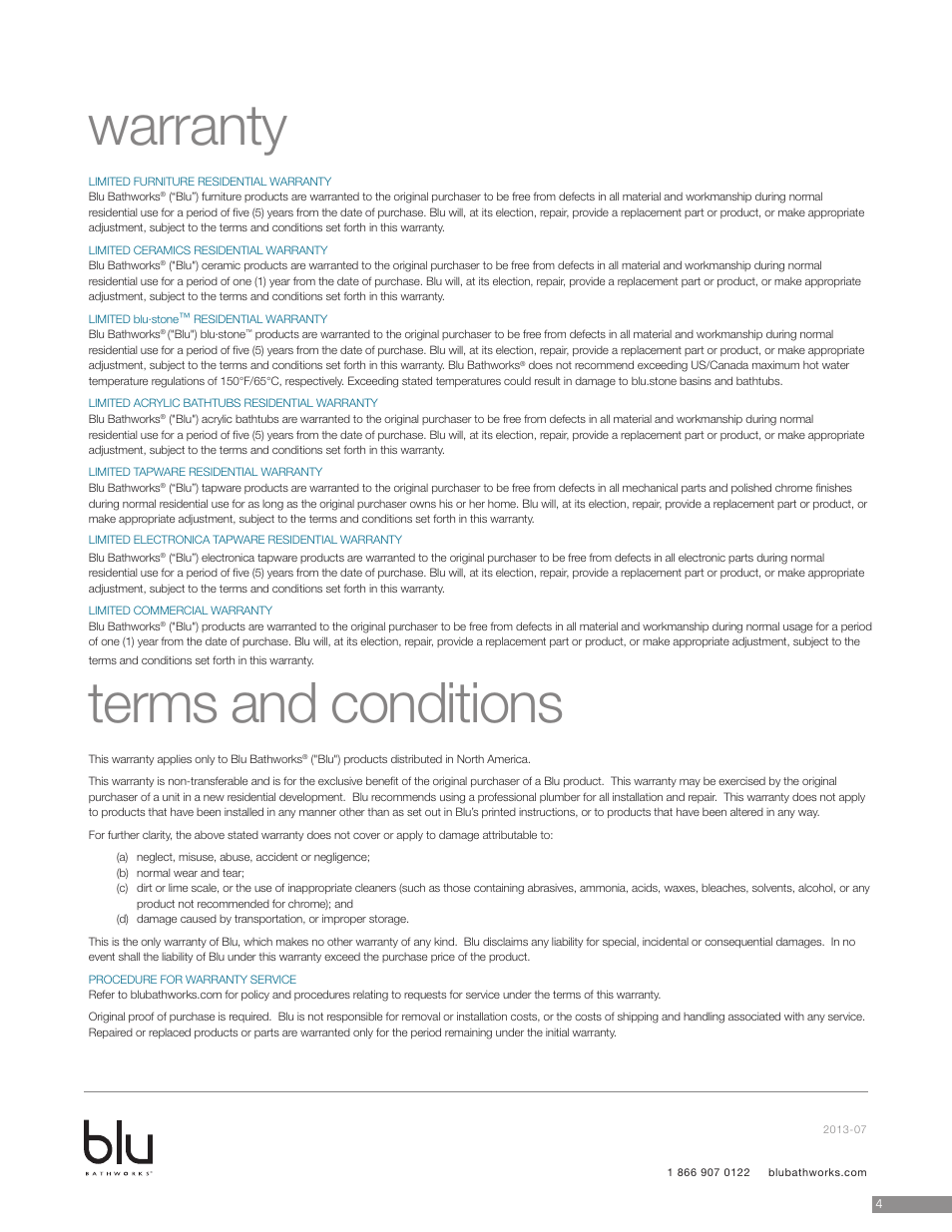 Warranty terms and conditions | Blu Bathworks SA3006 User Manual | Page 5 / 5