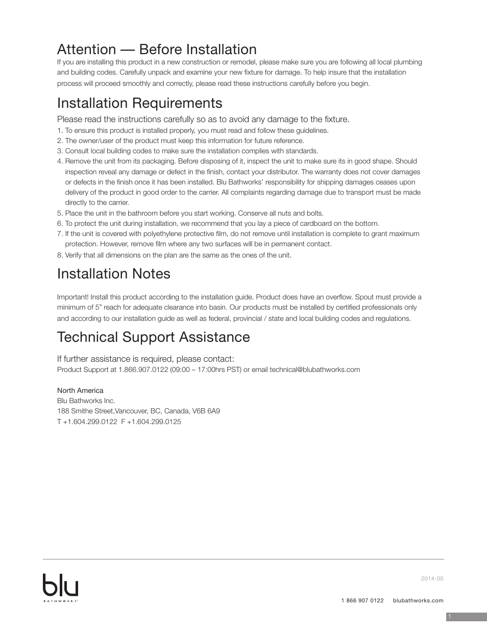 Attention — before installation, Installation requirements, Technical support assistance | Blu Bathworks SA0102 User Manual | Page 2 / 6