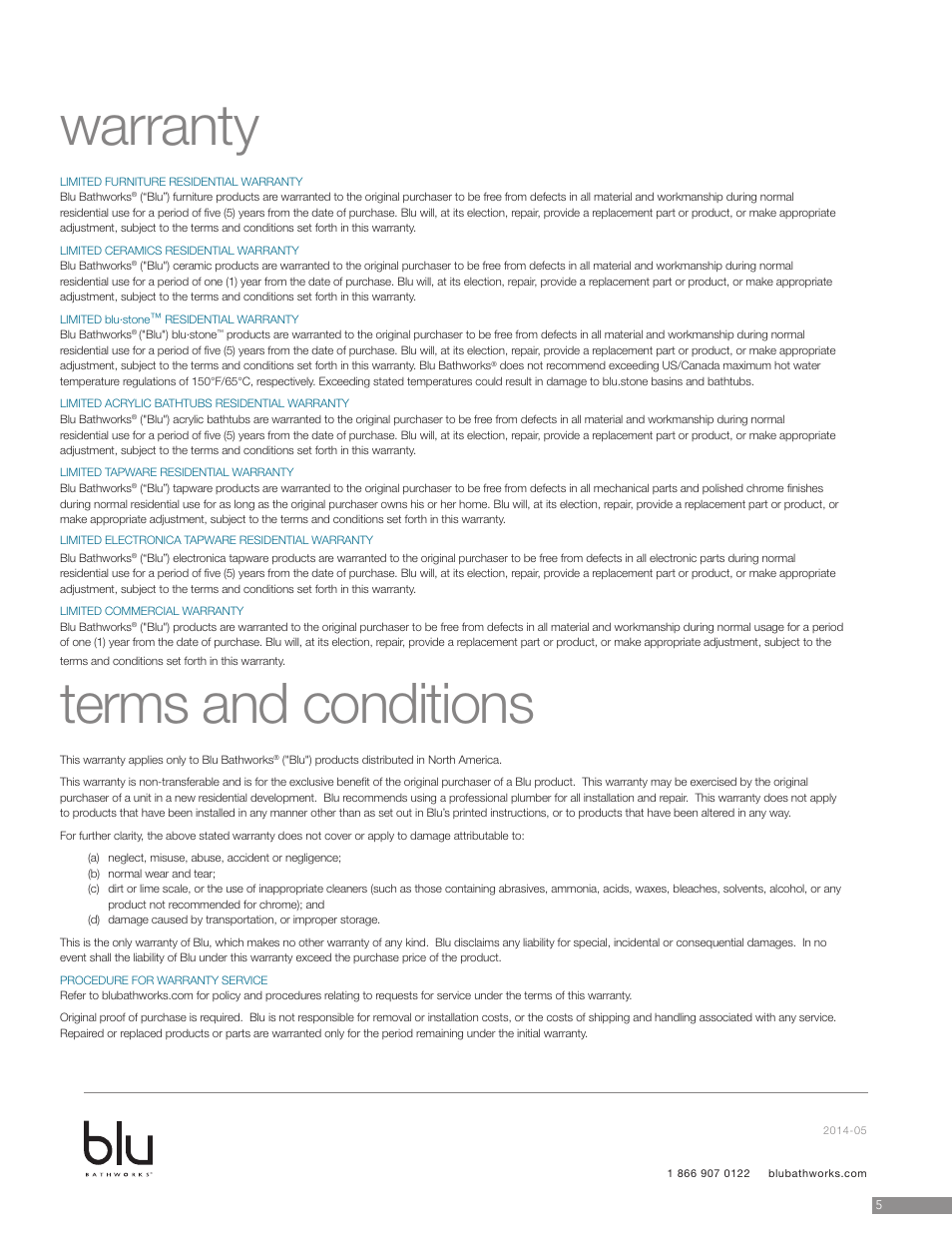 Warranty terms and conditions | Blu Bathworks SA0102 User Manual | Page 6 / 6