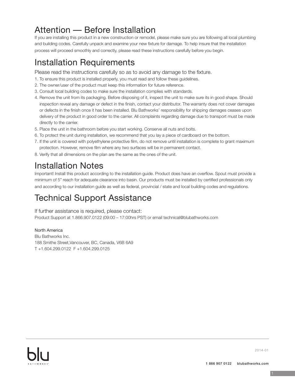 Attention — before installation, Installation requirements, Technical support assistance | Blu Bathworks SA0110 User Manual | Page 2 / 7