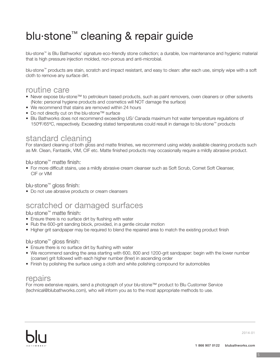 Blu·stone, Cleaning & repair guide, Routine care | Standard cleaning, Scratched or damaged surfaces, Repairs | Blu Bathworks SA0110 User Manual | Page 6 / 7