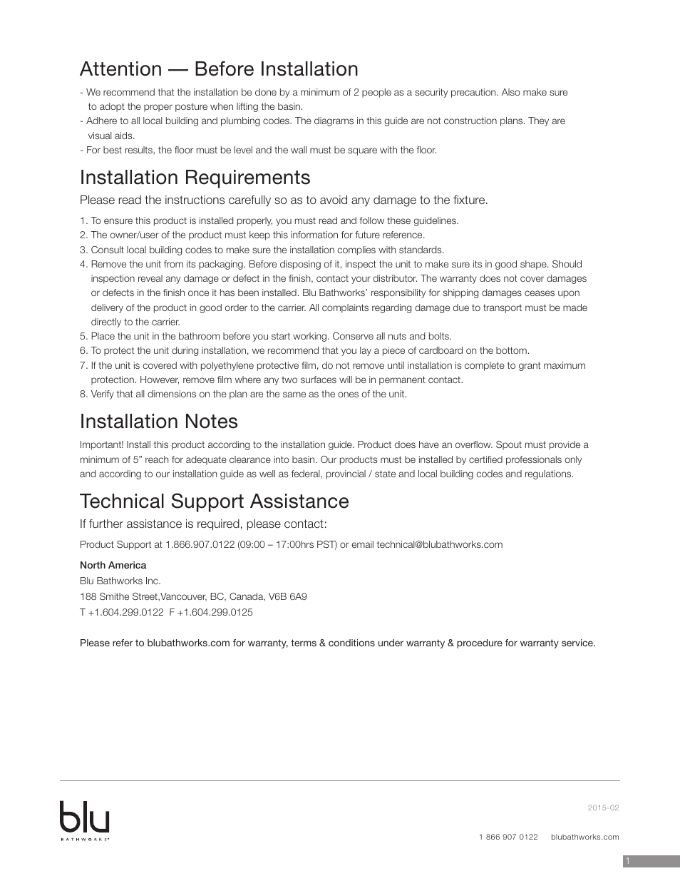 Attention — before installation, Installation requirements, Technical support assistance | Blu Bathworks SA0504 User Manual | Page 2 / 5