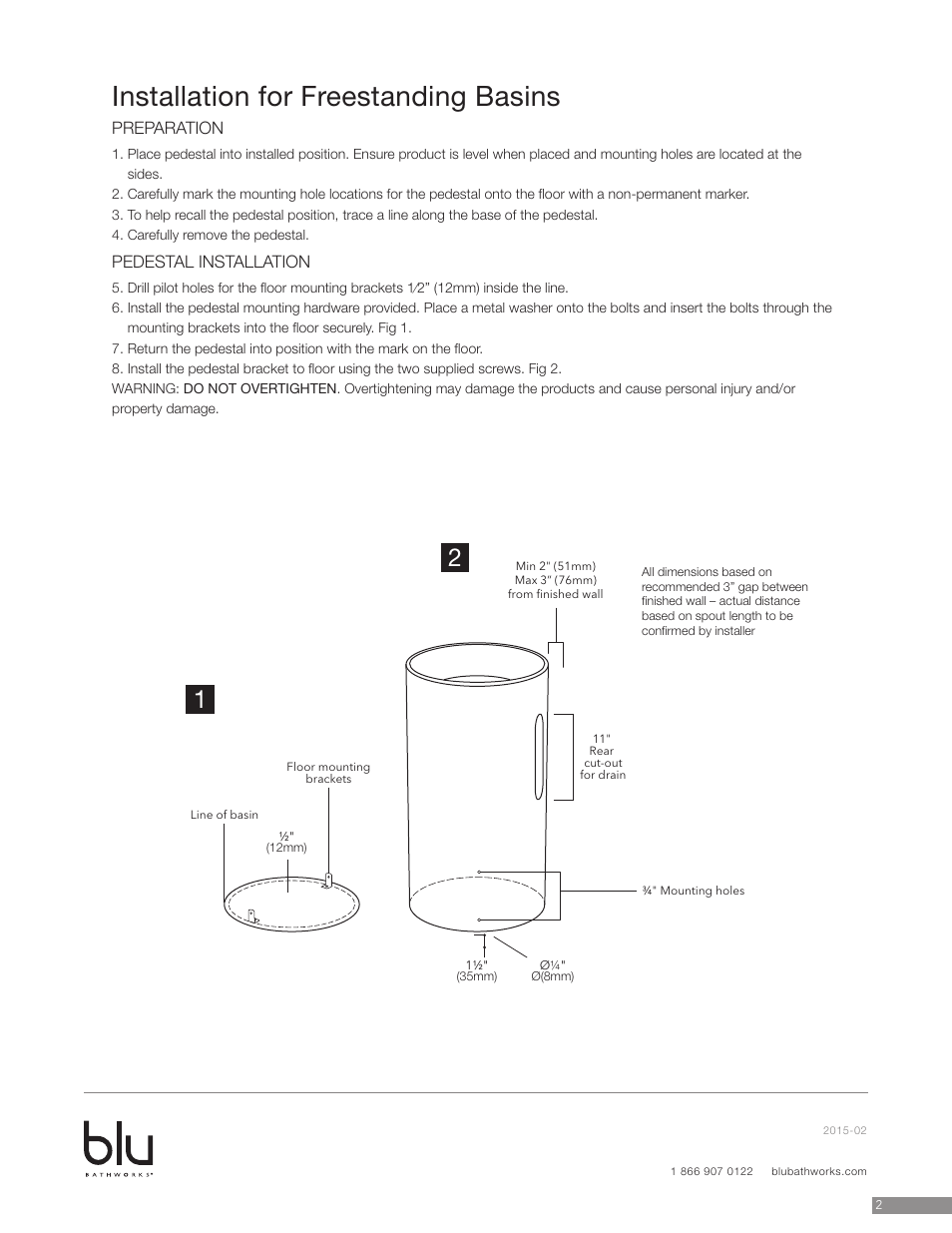 Installation for freestanding basins, Preparation, Pedestal installation | Blu Bathworks SA0504 User Manual | Page 3 / 5