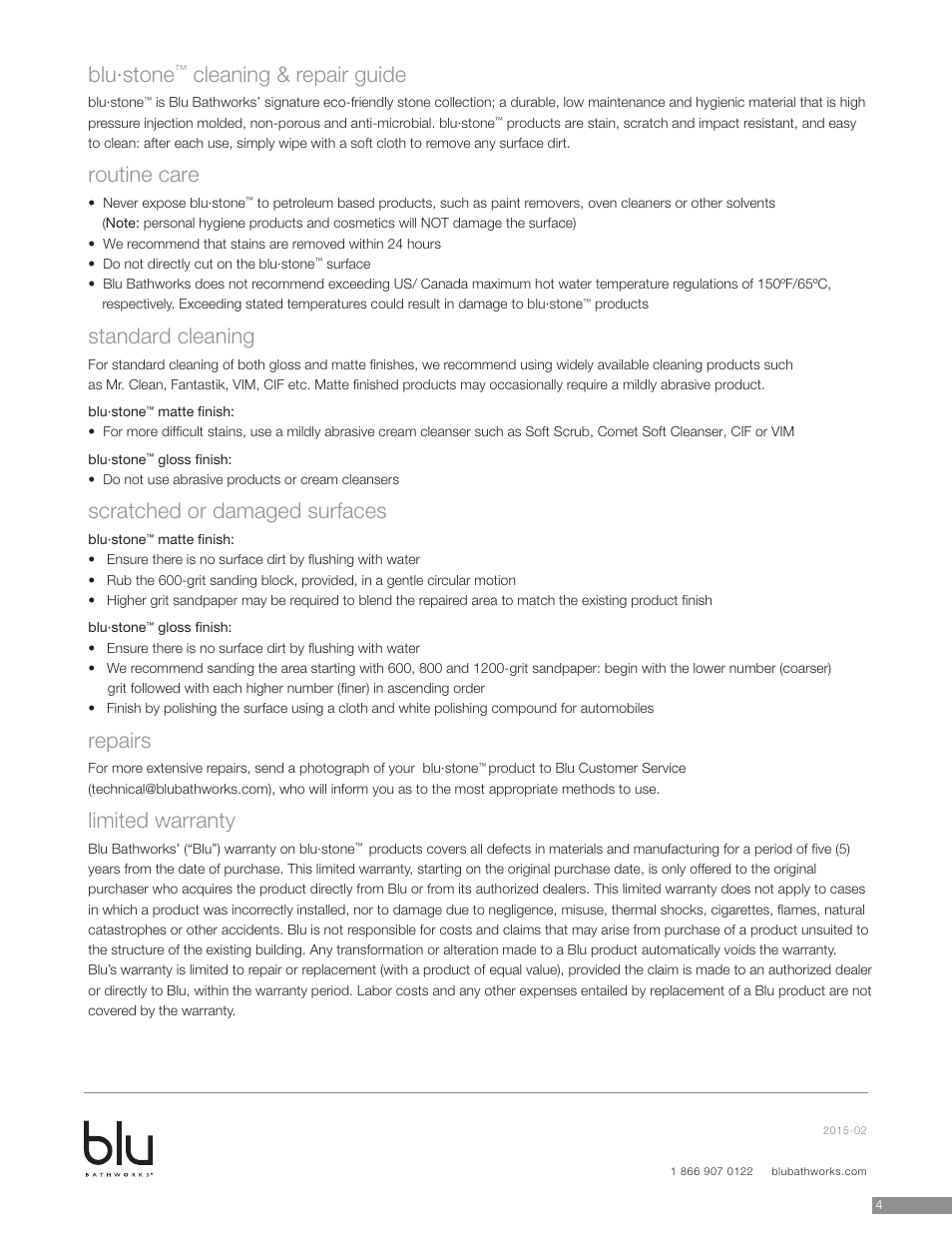 Blu·stone, Cleaning & repair guide, Routine care | Standard cleaning, Scratched or damaged surfaces, Repairs, Limited warranty | Blu Bathworks SA0504 User Manual | Page 5 / 5