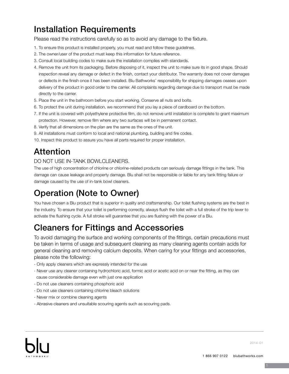 Installation requirements, Attention, Cleaners for fittings and accessories | Blu Bathworks LF1062 User Manual | Page 2 / 14