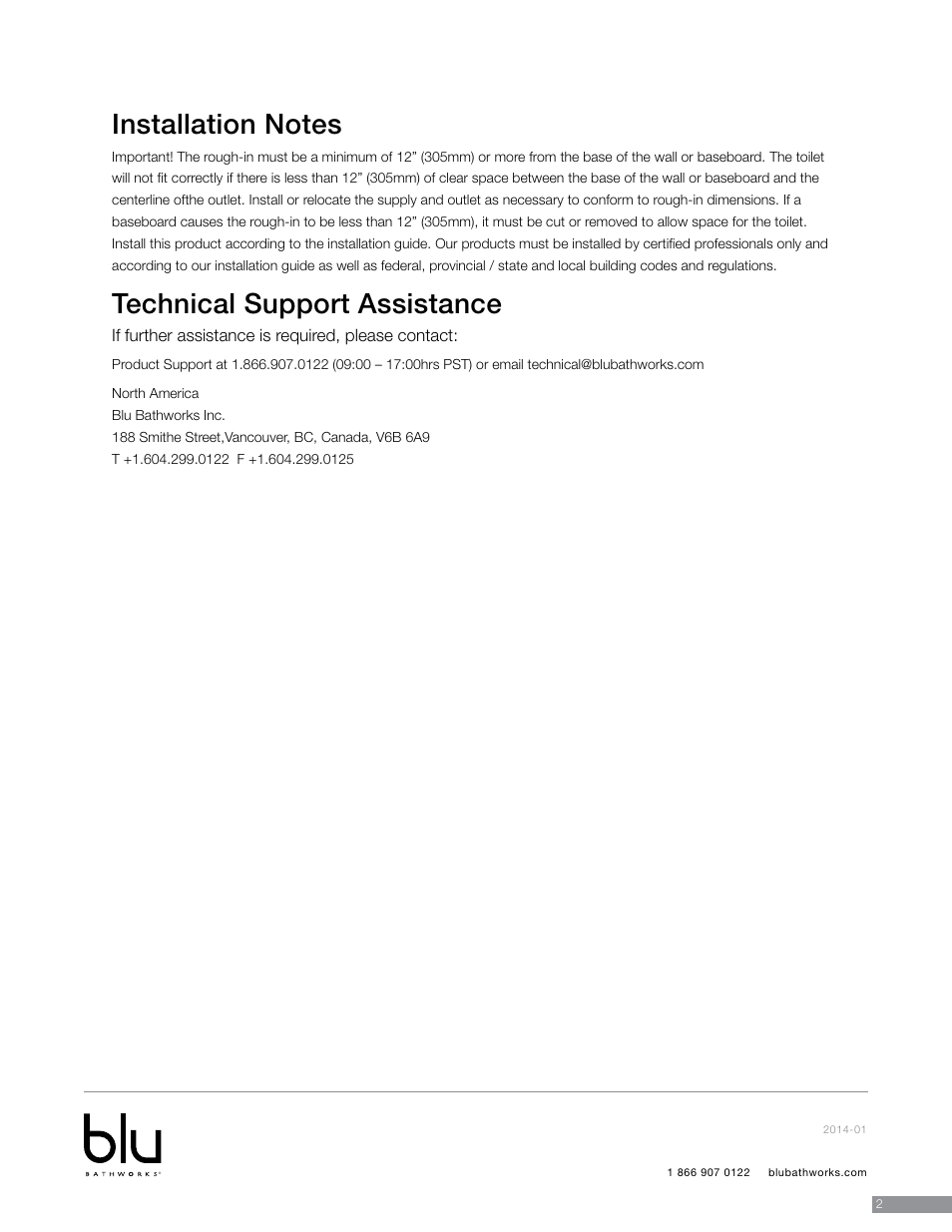 Technical support assistance | Blu Bathworks LF1062 User Manual | Page 3 / 14