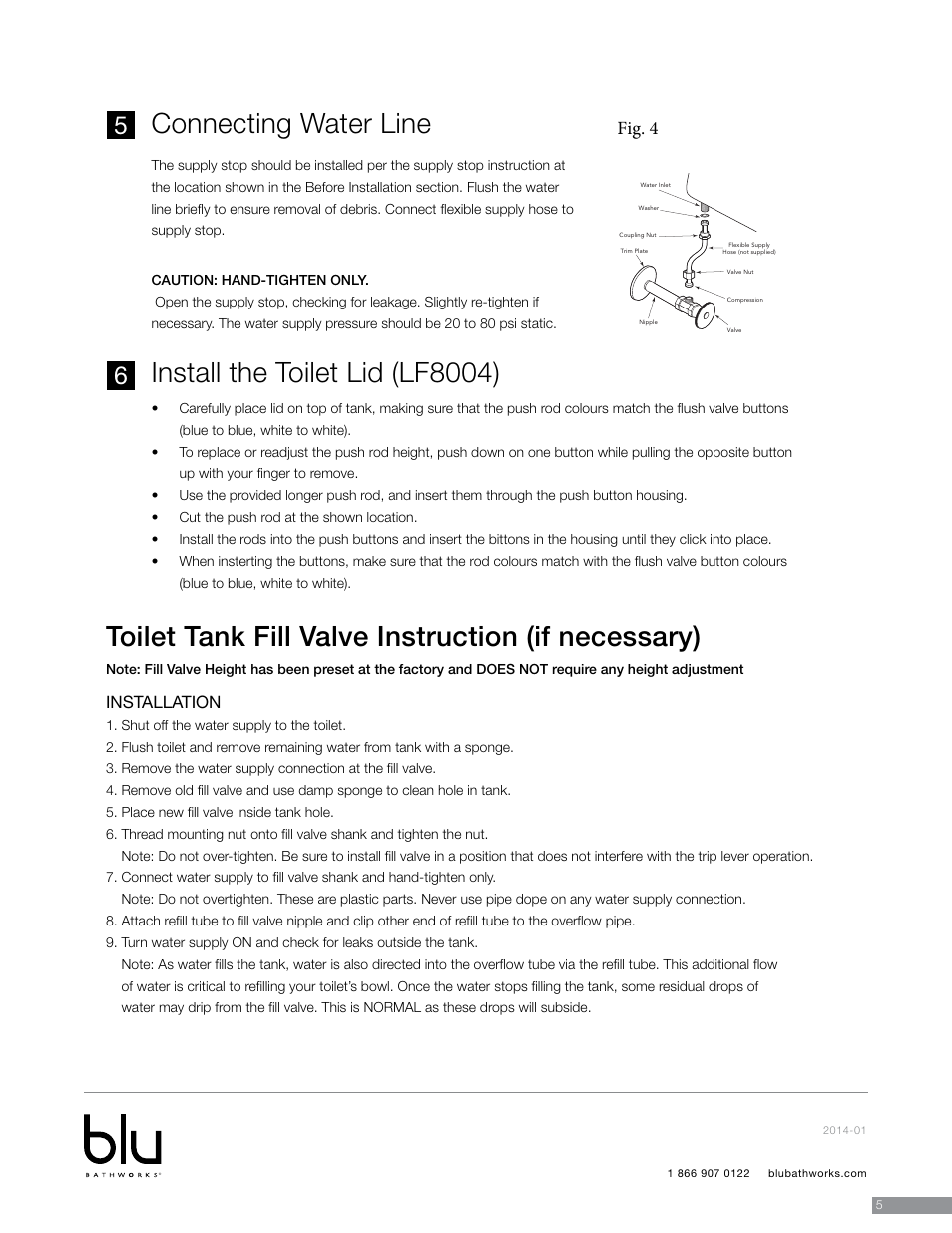 Toilet tank fill valve instruction (if necessary), Fig. 4, Installation | Blu Bathworks LF1062 User Manual | Page 6 / 14