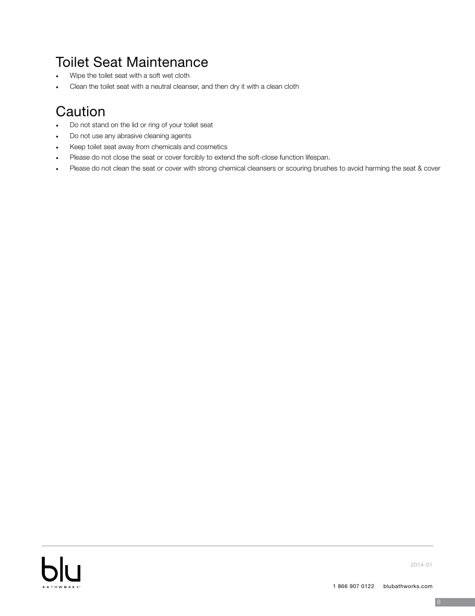Toilet seat maintenance, Caution | Blu Bathworks LF1062 User Manual | Page 9 / 14