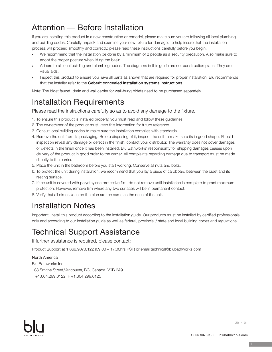 Attention — before installation, Installation requirements, Technical support assistance | Blu Bathworks LB9010 User Manual | Page 2 / 6
