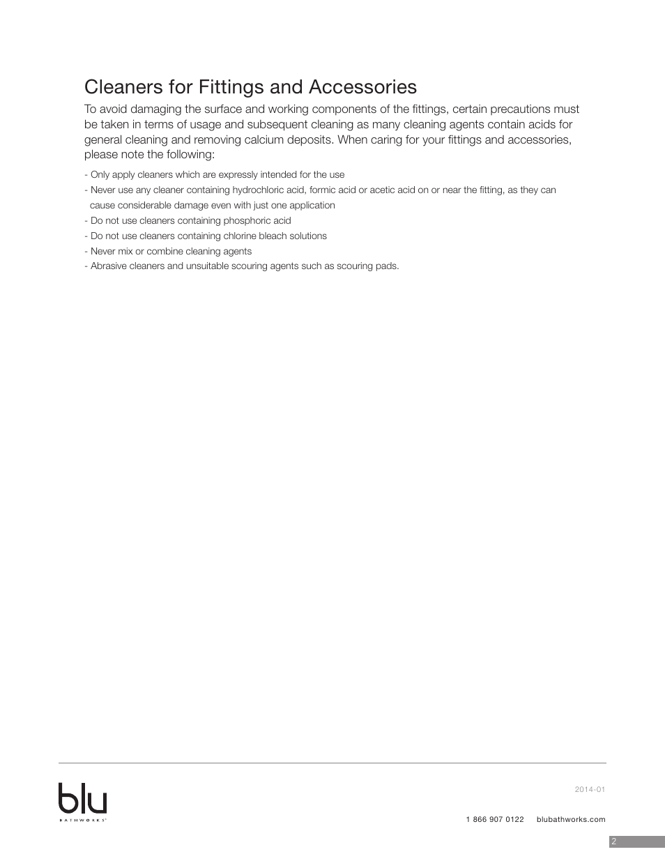 Cleaners for fittings and accessories | Blu Bathworks LB9010 User Manual | Page 3 / 6
