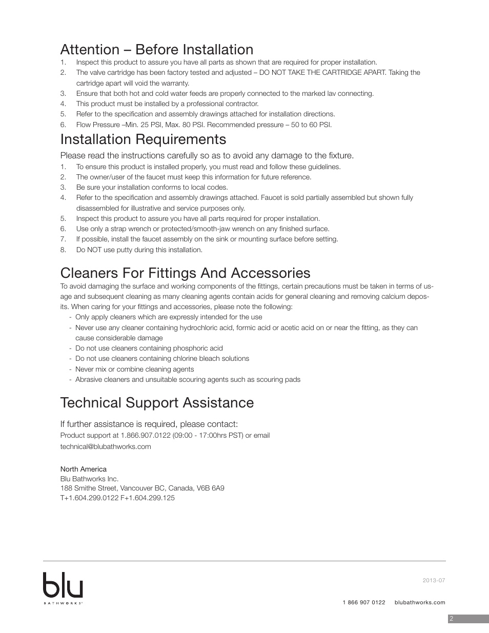 Attention – before installation, Installation requirements, Cleaners for fittings and accessories | Technical support assistance | Blu Bathworks TSP611 User Manual | Page 2 / 7