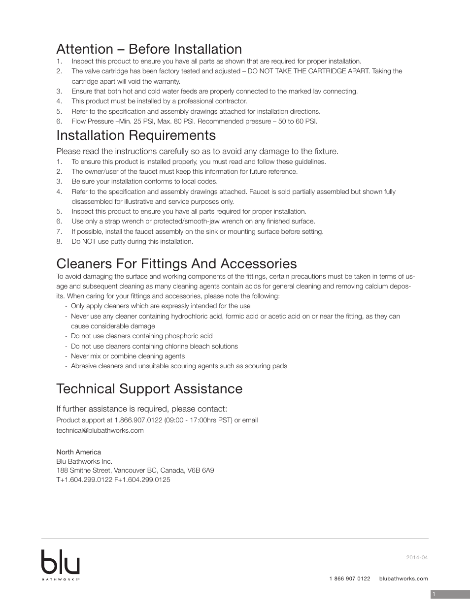 Attention – before installation, Installation requirements, Cleaners for fittings and accessories | Technical support assistance | Blu Bathworks TF800 User Manual | Page 2 / 6