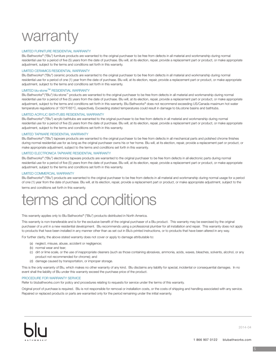 Warranty terms and conditions | Blu Bathworks TF800 User Manual | Page 6 / 6