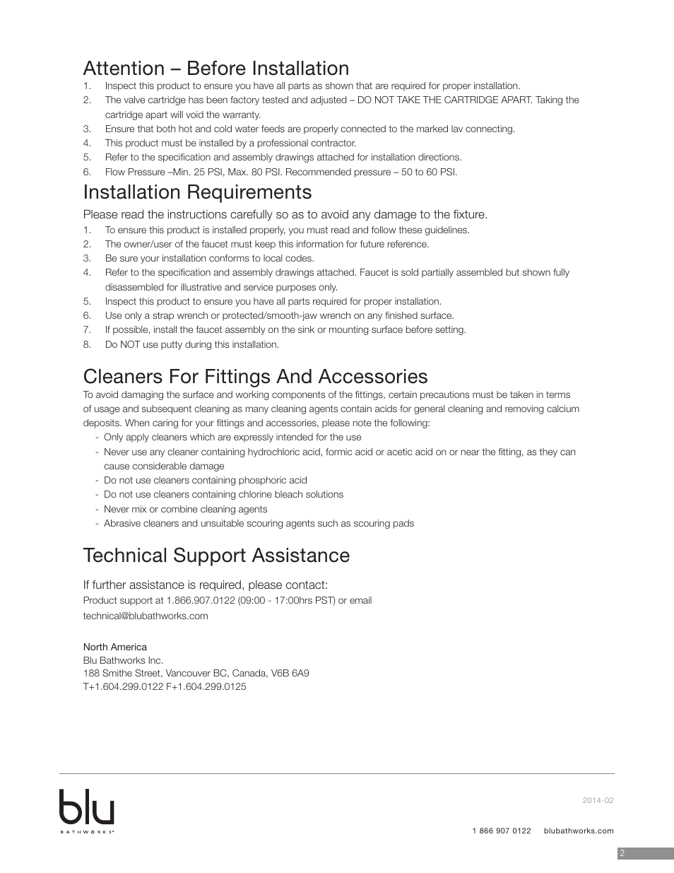 Attention – before installation, Installation requirements, Cleaners for fittings and accessories | Technical support assistance | Blu Bathworks TSP510 User Manual | Page 2 / 10