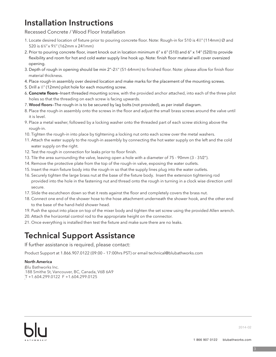 Installation instructions, Technical support assistance, Recessed concrete / wood floor installation | If further assistance is required, please contact | Blu Bathworks TSP510 User Manual | Page 3 / 10