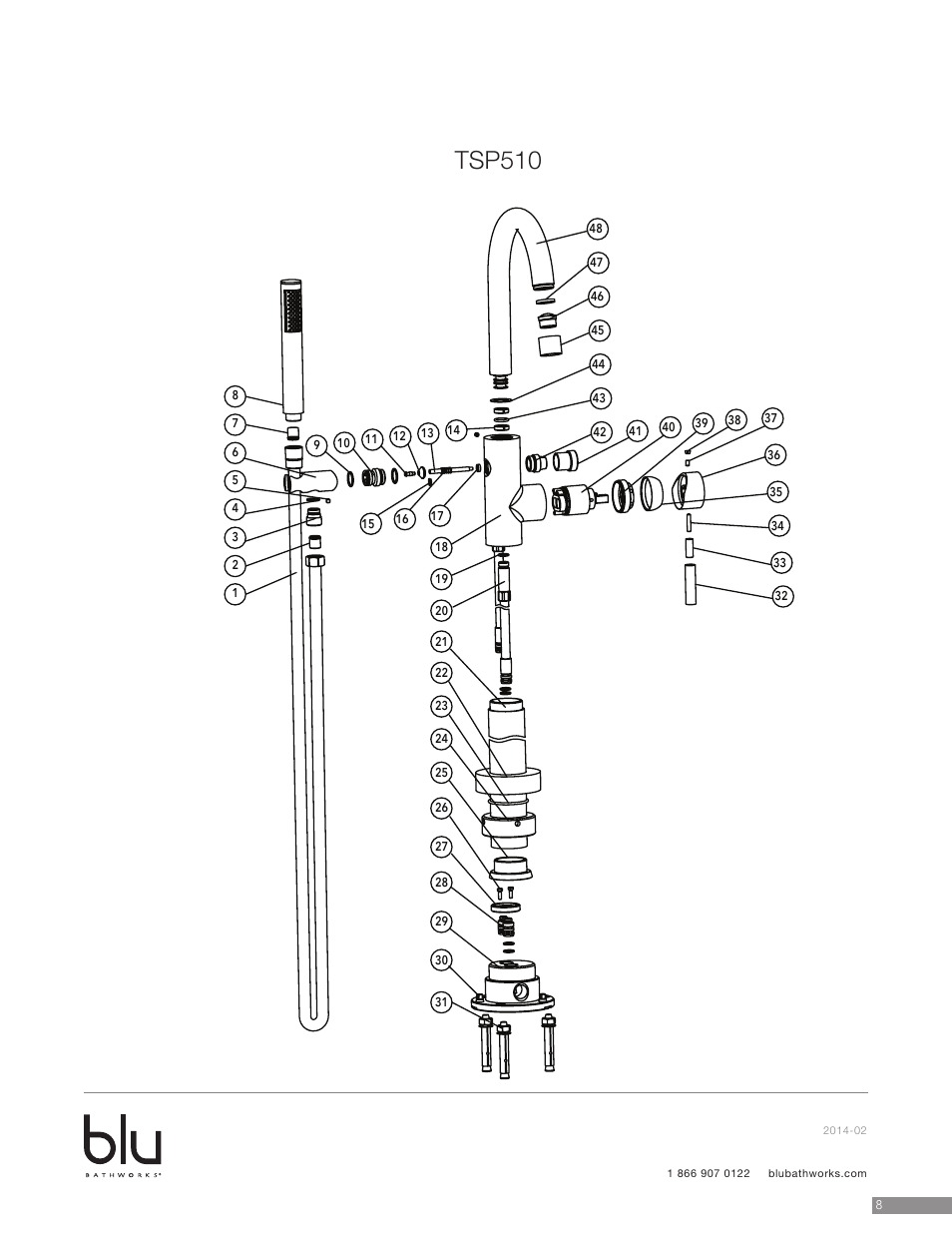 Tsp510 trim exploded diagram, Tsp510 | Blu Bathworks TSP510 User Manual | Page 8 / 10