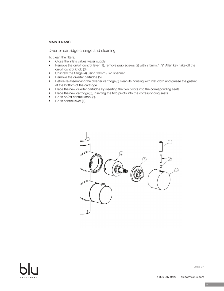 Diverter cartridge change and cleaning | Blu Bathworks TSP511 User Manual | Page 7 / 11