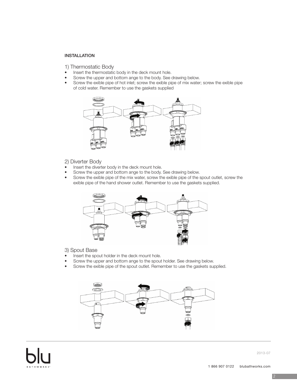 1) thermostatic body, 2) diverter body, 3) spout base | Blu Bathworks TSP421 User Manual | Page 3 / 15