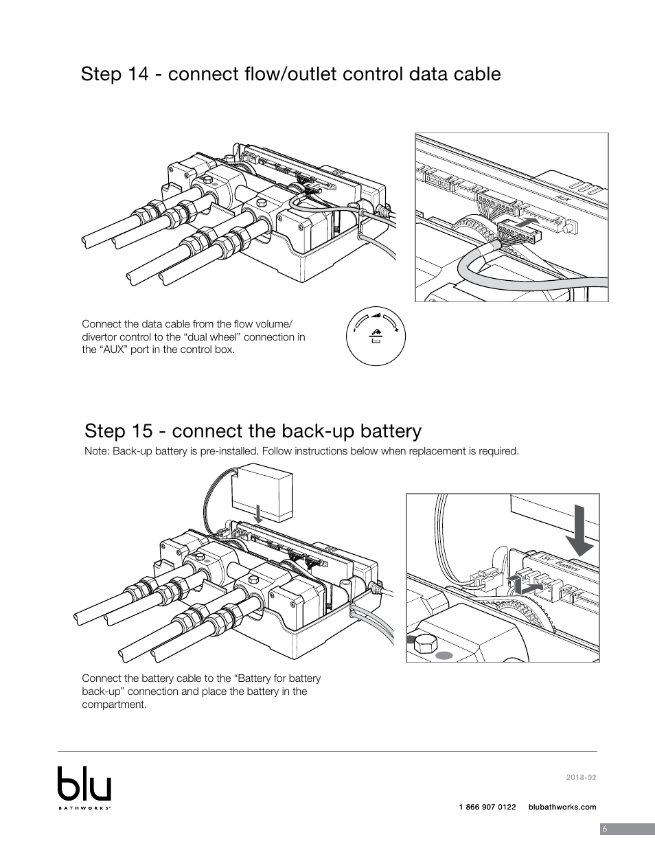 Step 22 - connect flow/outlet control data cable, Step 23 - connect back up battery | Blu Bathworks TEP421 User Manual | Page 17 / 20