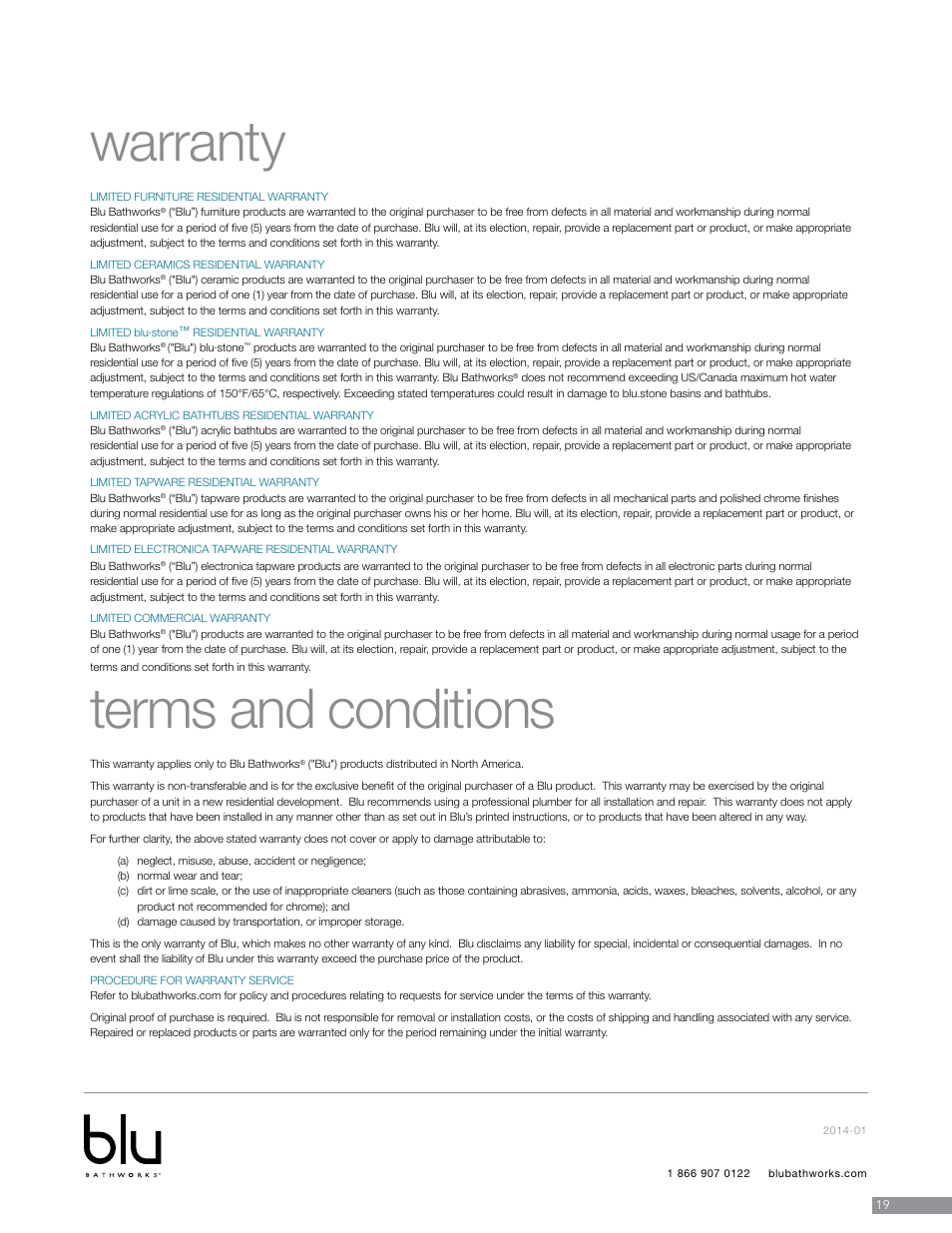 Warranty terms and conditions | Blu Bathworks TEP421 User Manual | Page 20 / 20