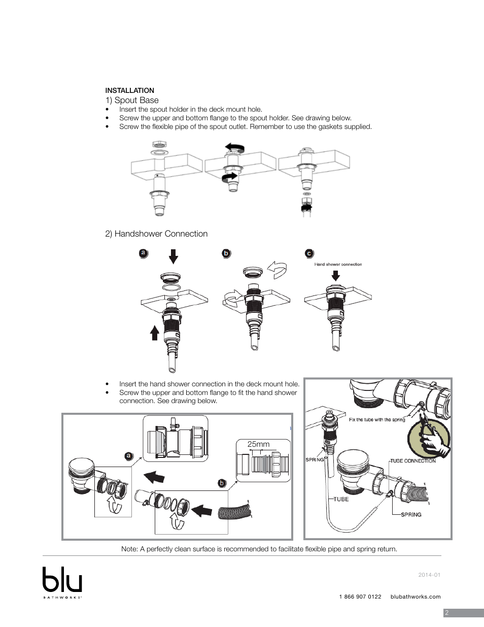 1) spout base, 2) handshower connection | Blu Bathworks TEP421 User Manual | Page 3 / 20