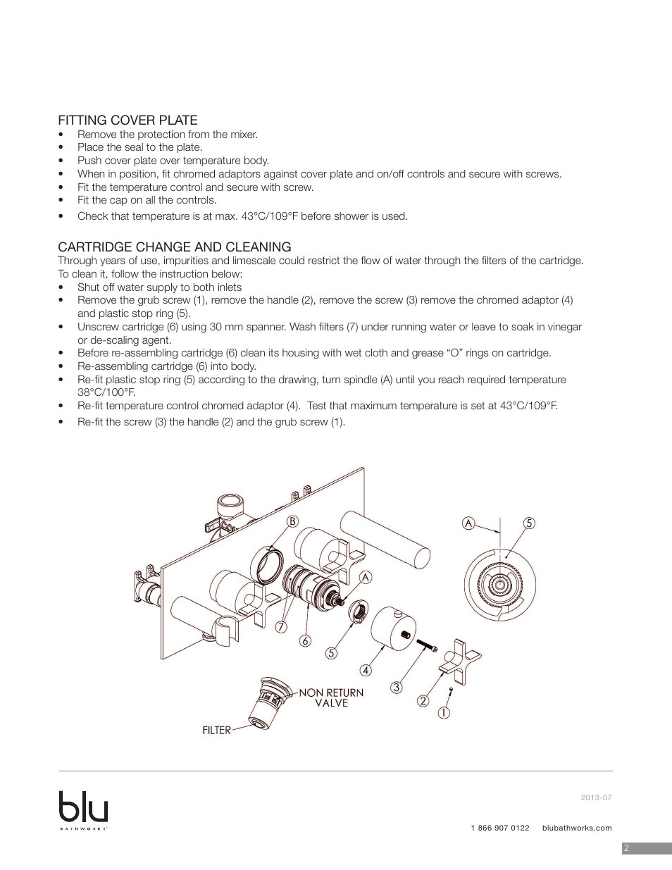 Fitting cover plate, Cartridge change and cleaning | Blu Bathworks TSP431 User Manual | Page 4 / 11