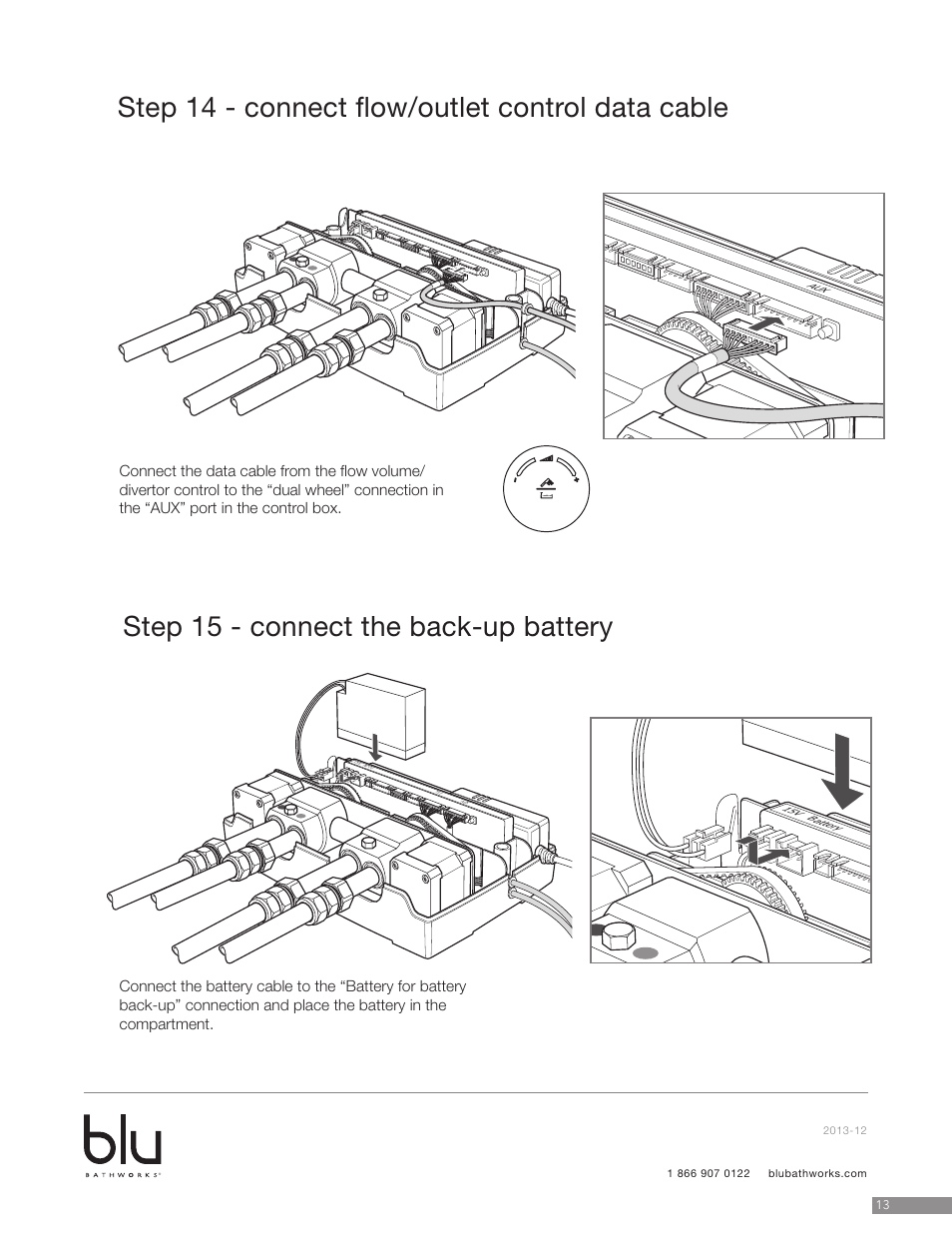 Step 22 - connect flow/outlet control data cable, Step 23 - connect back up battery | Blu Bathworks TEP431 User Manual | Page 14 / 19