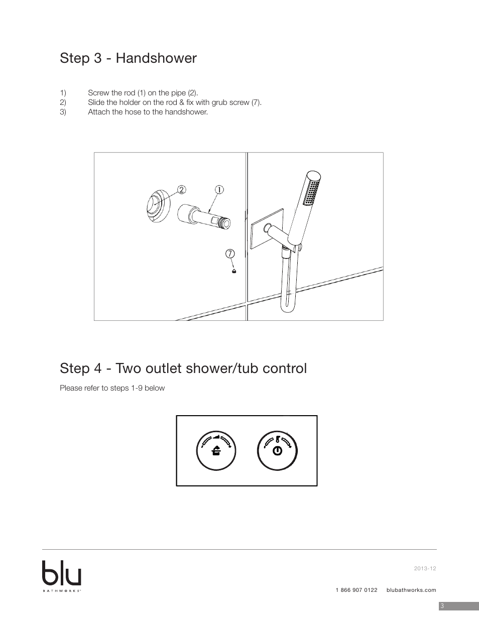Step 3 - handshower, Step 4 - two outlet shower/tub control | Blu Bathworks TEP431 User Manual | Page 4 / 19