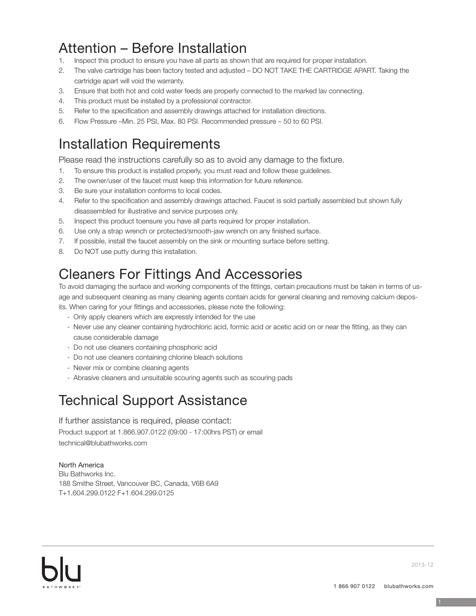 Attention – before installation, Installation requirements, Cleaners for fittings and accessories | Technical support assistance | Blu Bathworks TEP131 User Manual | Page 2 / 17