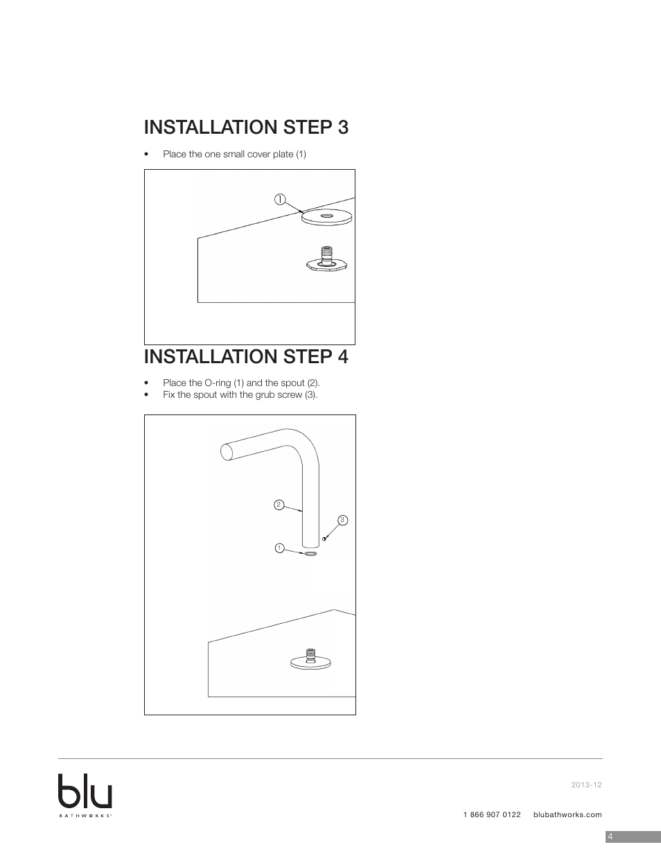 Installation step 4, Installation step 2, Installation step 3 | Blu Bathworks TEP131 User Manual | Page 5 / 17