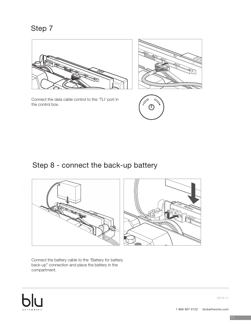 Step 7, Step 8 - connect the back-up battery, Step 22 - connect flow/outlet control data cable | Step 23 - connect back up battery | Blu Bathworks TEU131 User Manual | Page 11 / 17