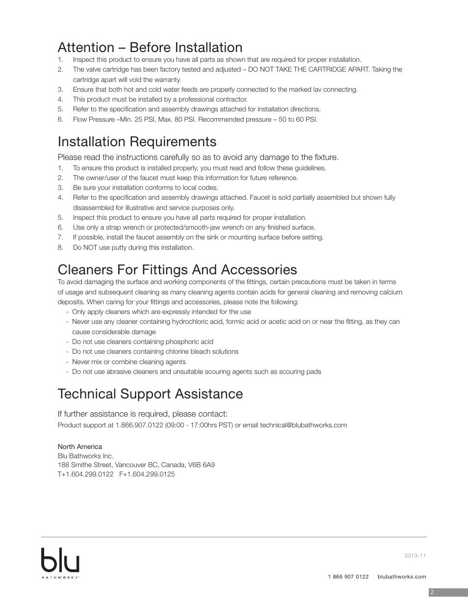 Attention – before installation, Installation requirements, Cleaners for fittings and accessories | Technical support assistance | Blu Bathworks TEU131 User Manual | Page 2 / 17