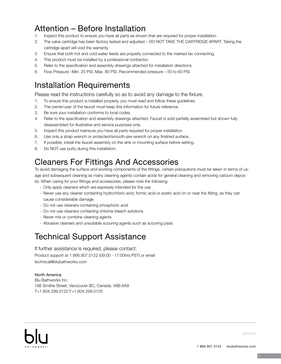 Attention – before installation, Installation requirements, Cleaners for fittings and accessories | Technical support assistance | Blu Bathworks TSP100 User Manual | Page 2 / 13