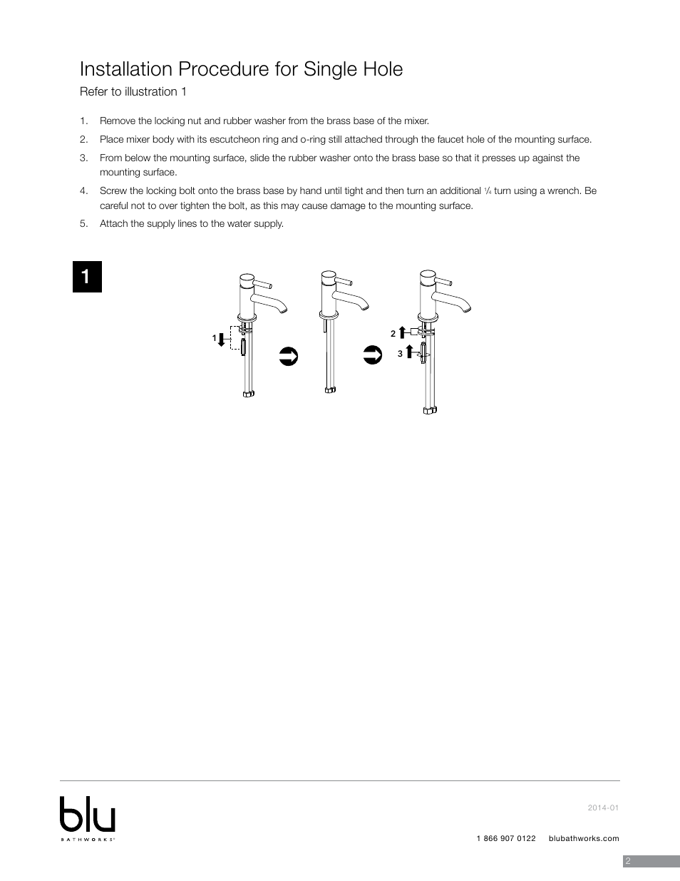 Installation procedure for single hole, Refer to illustration 1 | Blu Bathworks TSP100 User Manual | Page 3 / 13