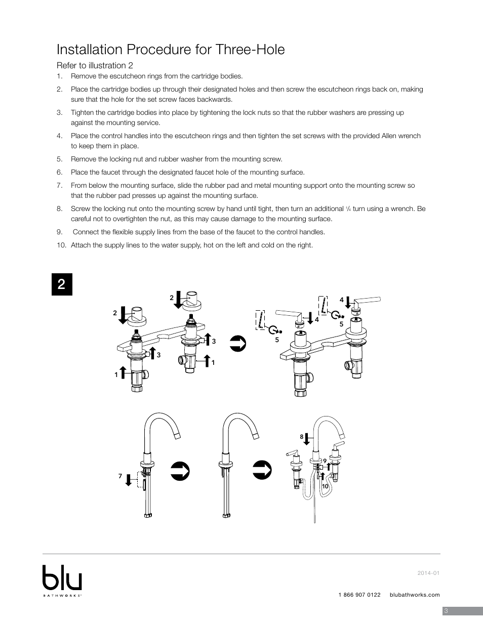 Installation procedure for three-hole, Refer to illustration 2 | Blu Bathworks TSP100 User Manual | Page 4 / 13